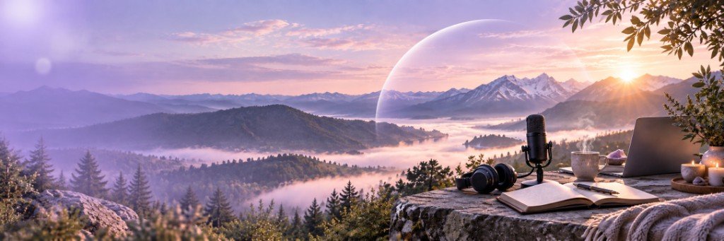 Portada del podcast: paisaje de montañas al amanecer con un escritorio de grabación